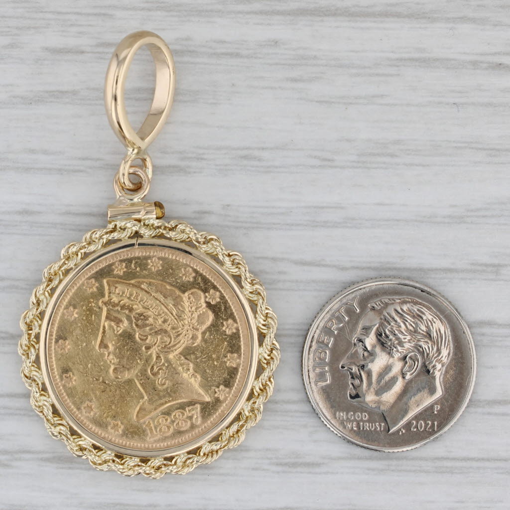 Gray 1887 5 Dollar Liberty Head Coin Pendant 14k Yellow Gold