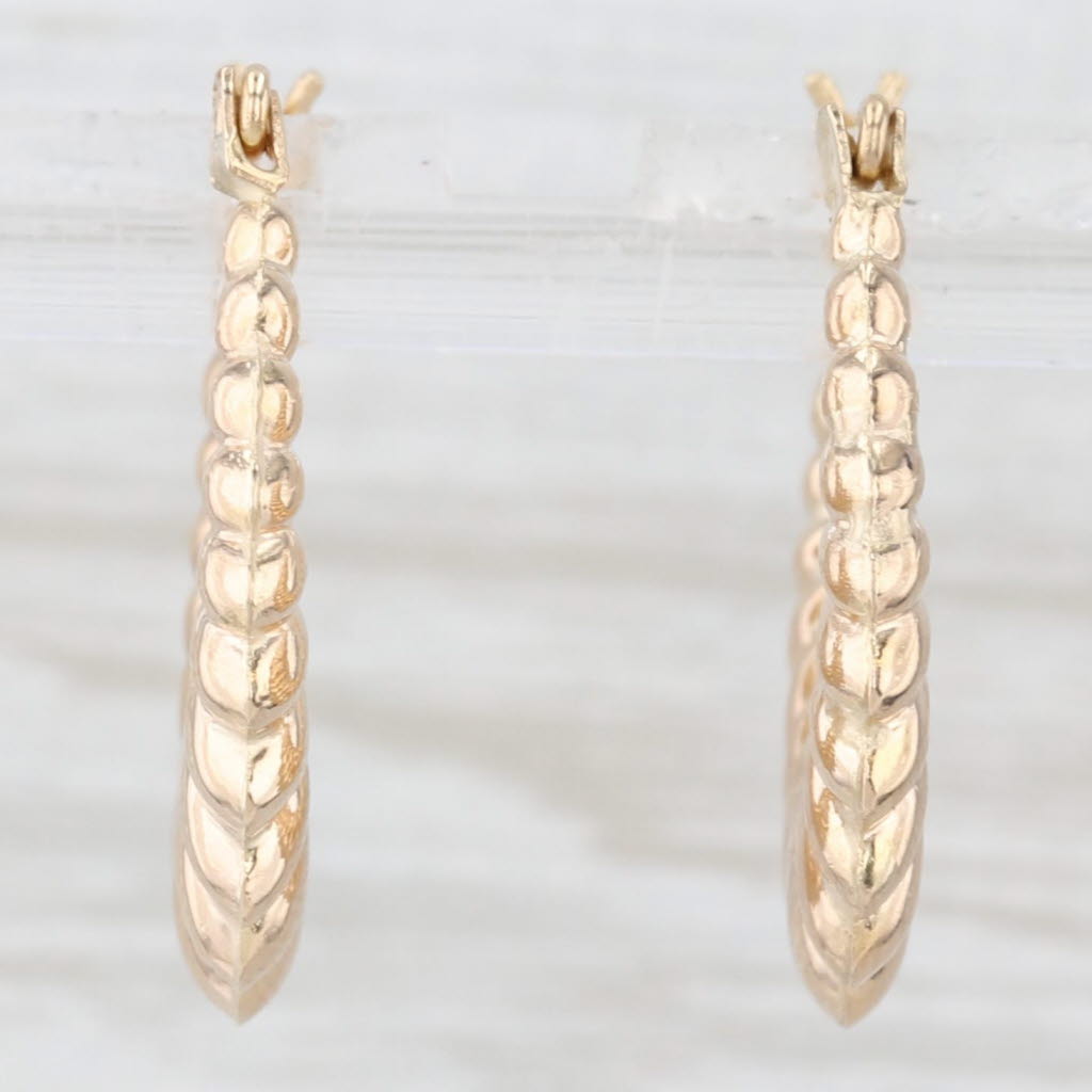 Light Gray Beveled Scalloped Croissant Shell Hoop Earrings 14k Yellow Gold Snap Top Hoops