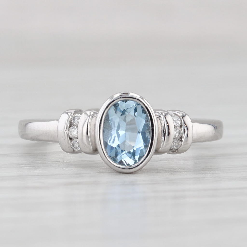 Light Gray 0.95ctw Aquamarine Diamond Ring 14k White Gold Bezel Set Oval Size 8.5