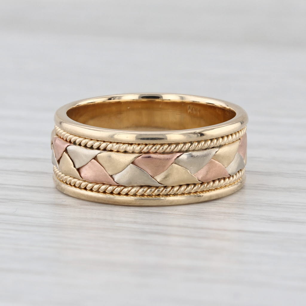 Woven Tri-Toned Gold Band 14k Yellow Rose White Gold Wedding Ring Size 6.75