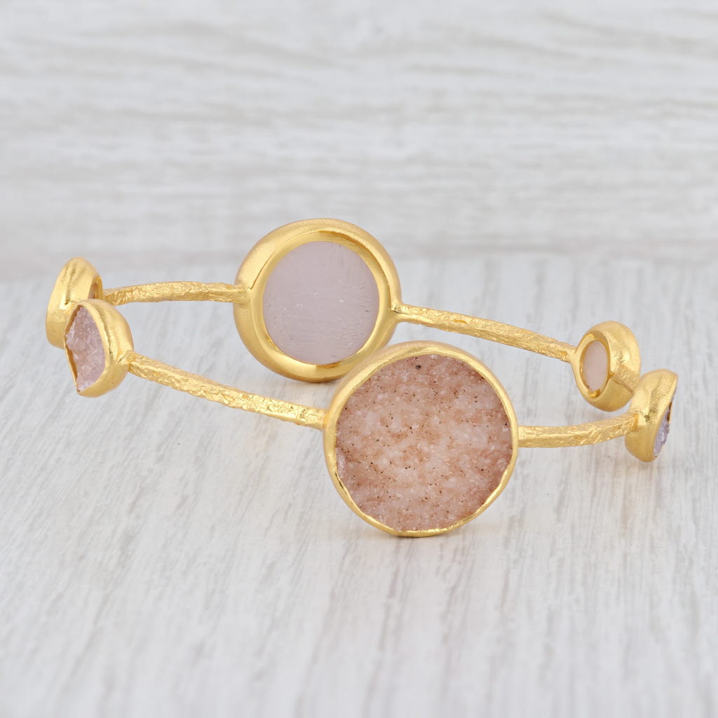 New Nina Wynn 8" Bangle Bracelet Sand White Druzy Quartz Sterling 22k Vermeil