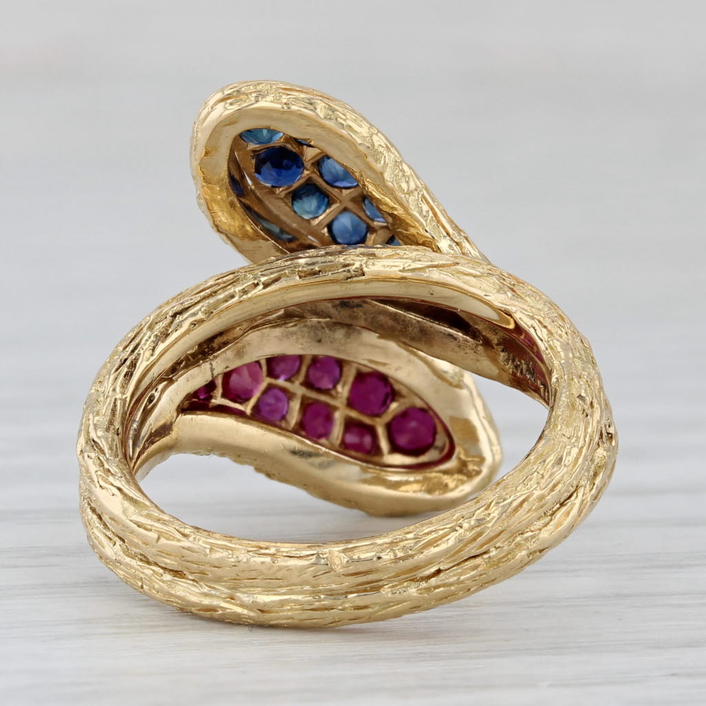 Gray 0.87ctw Blue Sapphire Red Ruby Coiled Snake Bypass Ring 18k Yellow Gold Itay