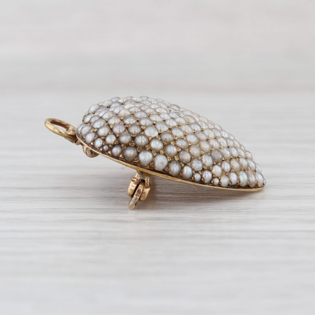 Vintage Diamond Seed Pearl Puffy Heart Pendant Brooch 14k Yellow Gold Pin