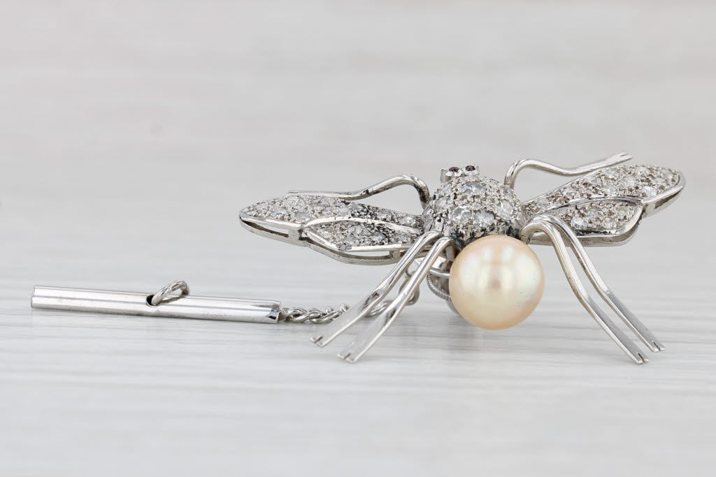 Light Gray Vintage Flying Bug Brooch 0.44ctw Diamond Cultured Pearl Tie Tac Pin Platinum