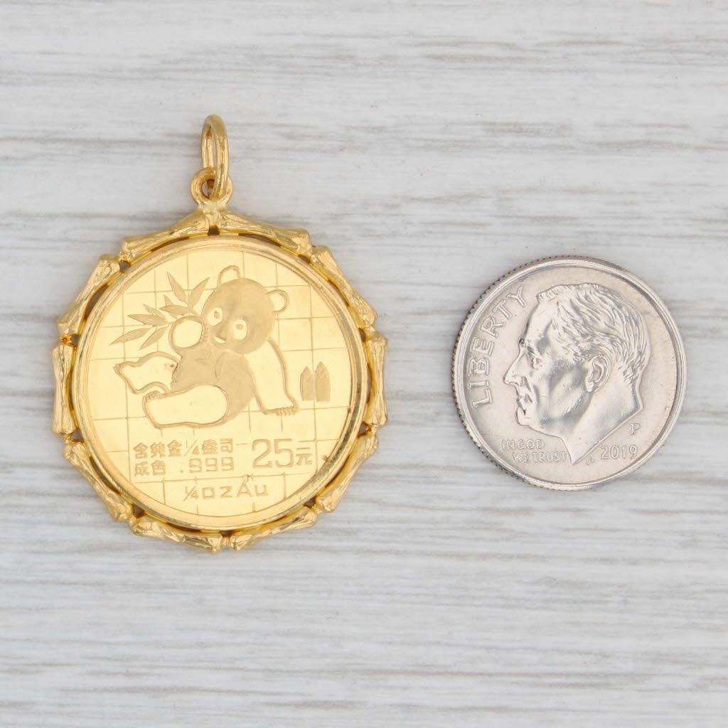 Light Gray Authentic 1989 25 Yuan Chinese Panda Coin Pendant 1/4 oz 999 Fine Gold 21k Bezel