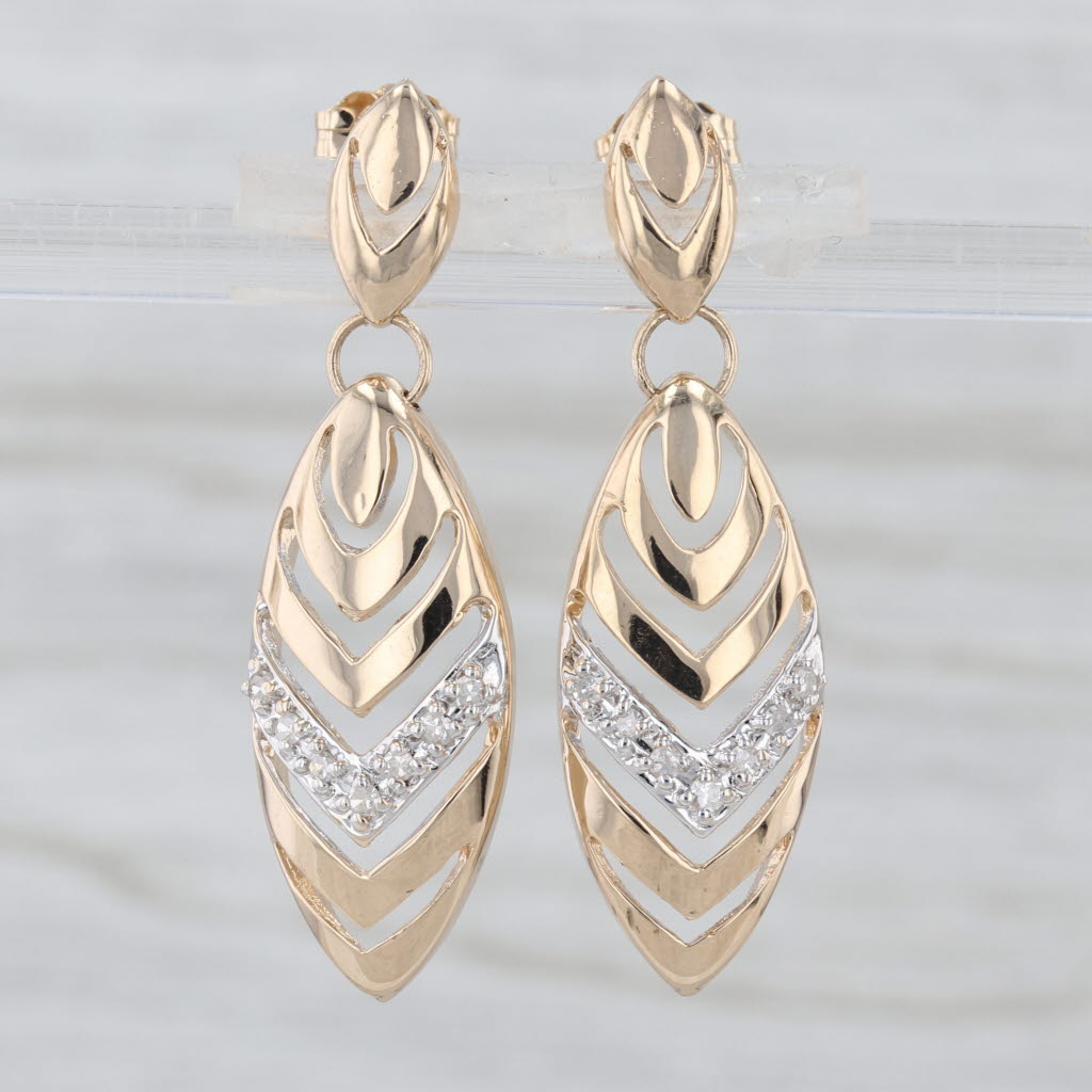 0.10ctw Diamond Chevron Leaf Dangle Earrings 14k Yellow Gold Pierced Drops