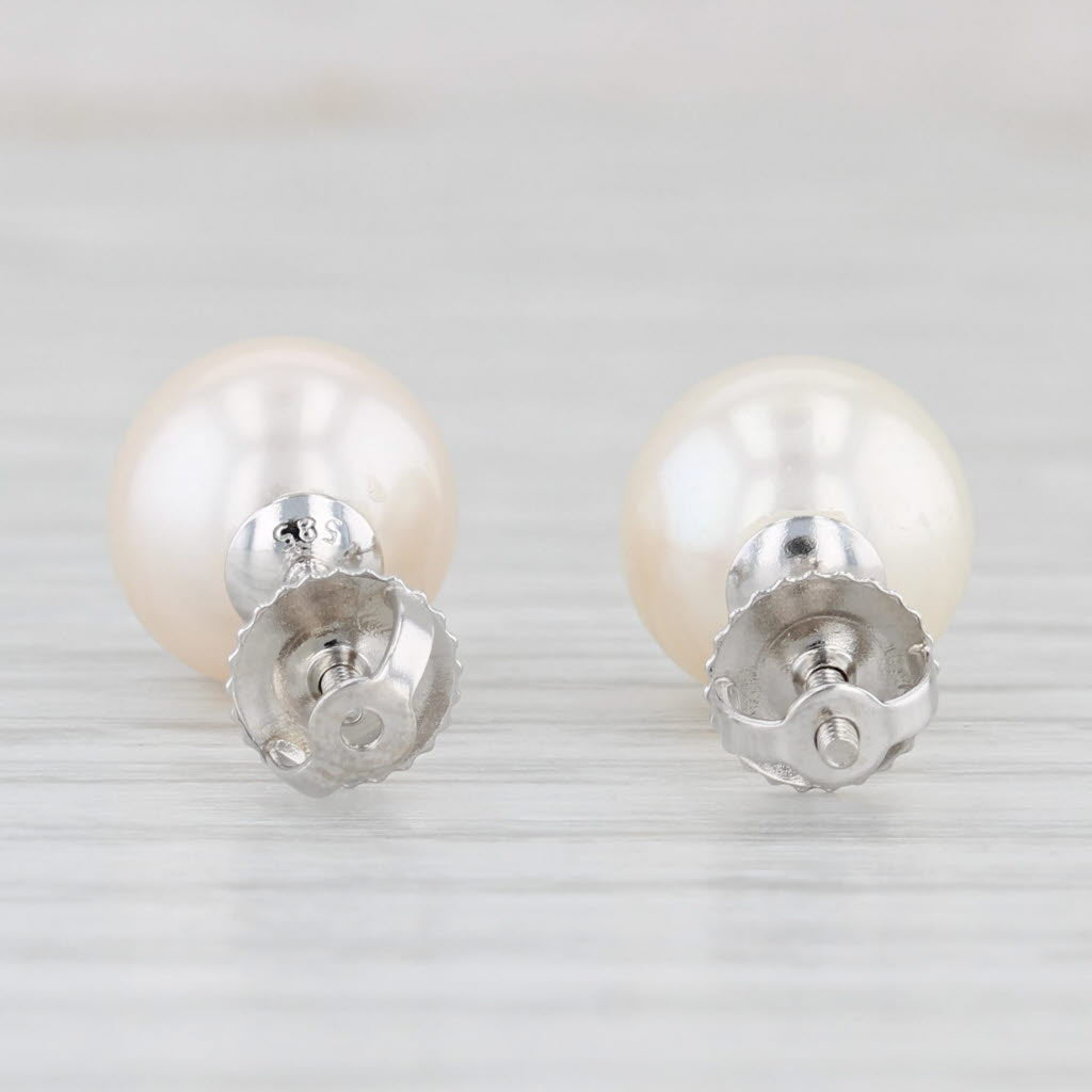 Light Gray Cultured Pearl Solitaire Stud Earrings 14k White Gold 9.1mm Round Beads