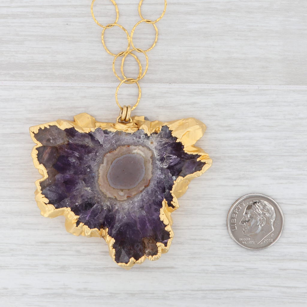 New Nina Wynn Amethyst Geode Pendant Necklace Sterling Gold Vermeil 29"