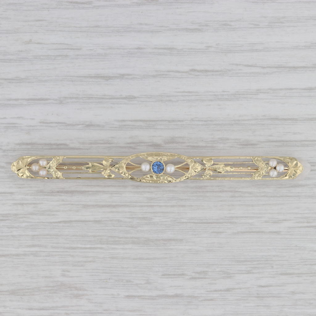 Gray Art Deco Floral Blue Sapphire Cultured Pearl Bar Pin 14k Yellow Gold Brooch