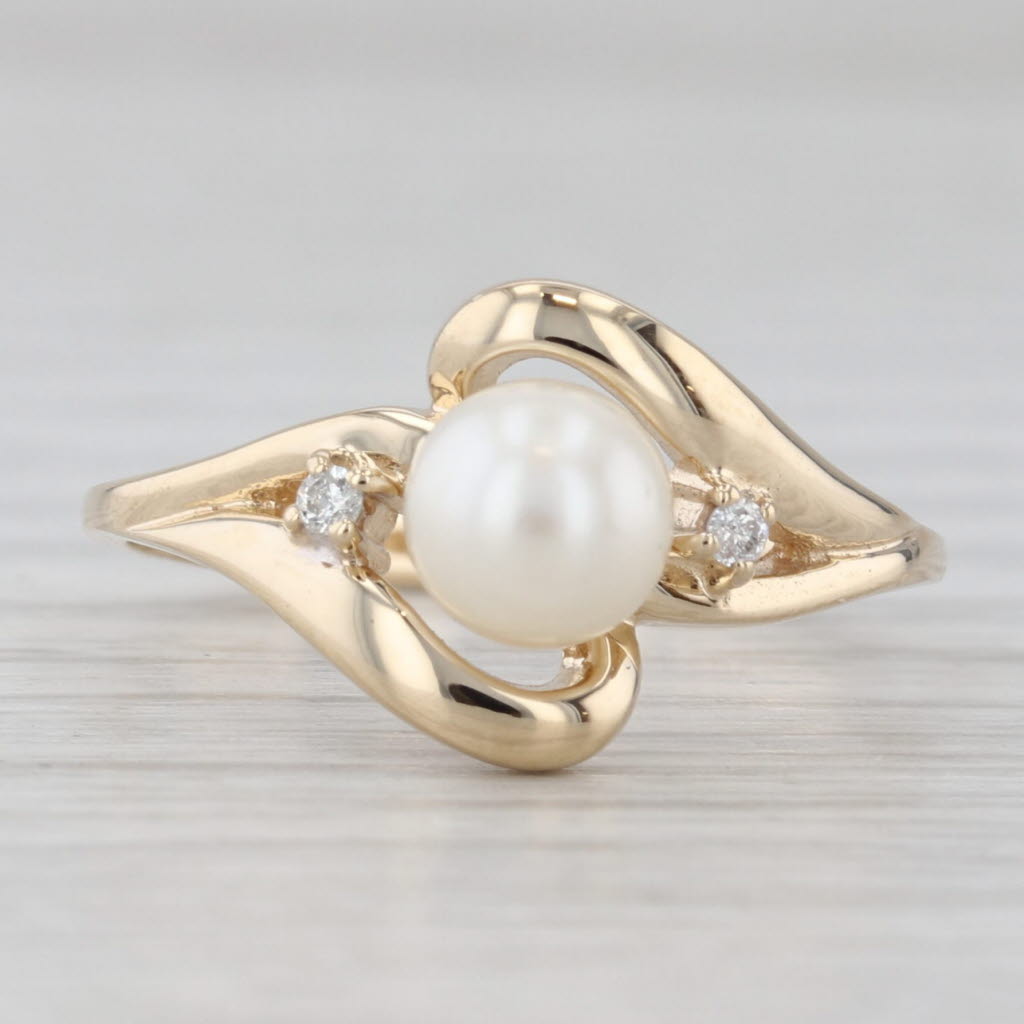 Saltwater Cultured Pearl Diamond Bypass Ring 10k Yellow Gold Size 6.75