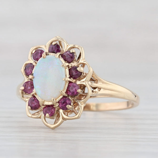 Light Gray Opal Ruby Halo Flower Ring 14k Yellow Gold Size 10.5 Oval Cabochon