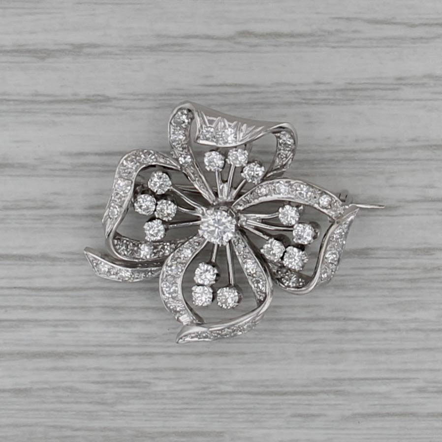 Cropp & Farr 1.10ctw Diamond Flower Brooch 18k Gold Vintage Pin Gowland Box