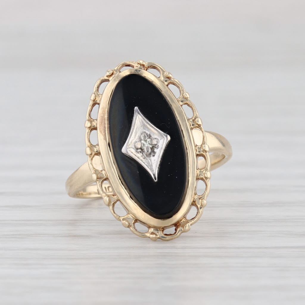 Vintage Onyx Diamond Signet Ring 10k Yellow Gold Size 5.5
