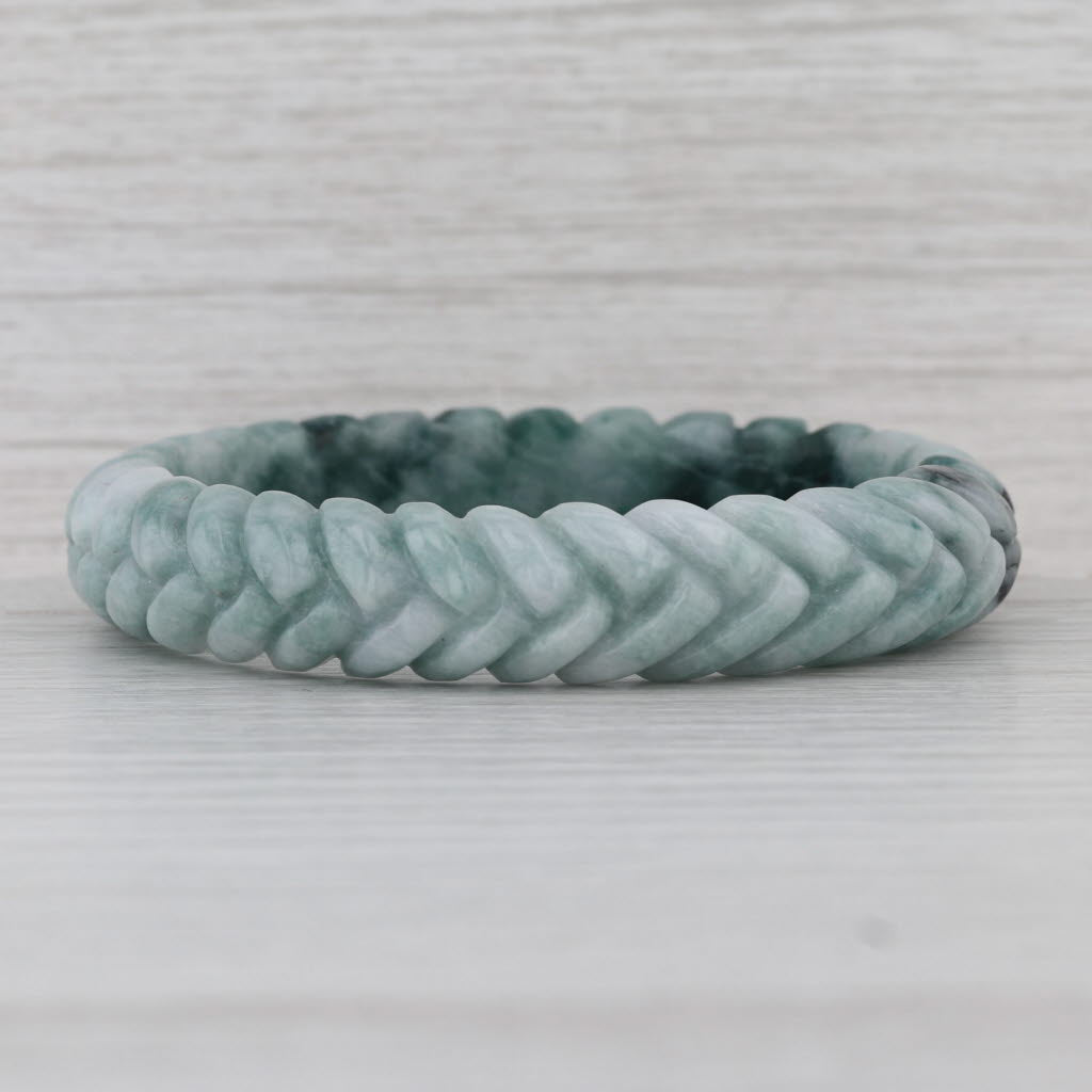 Marbled Green Braid Carved Jadeite Jade Bangle Bracelet 7” 12.8mm Stackable