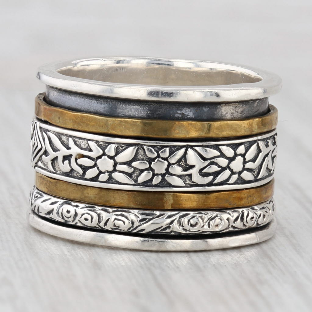 Light Gray Silpada Floral Spinner Ring Sterling Silver Brass Statement Band Size 8.25