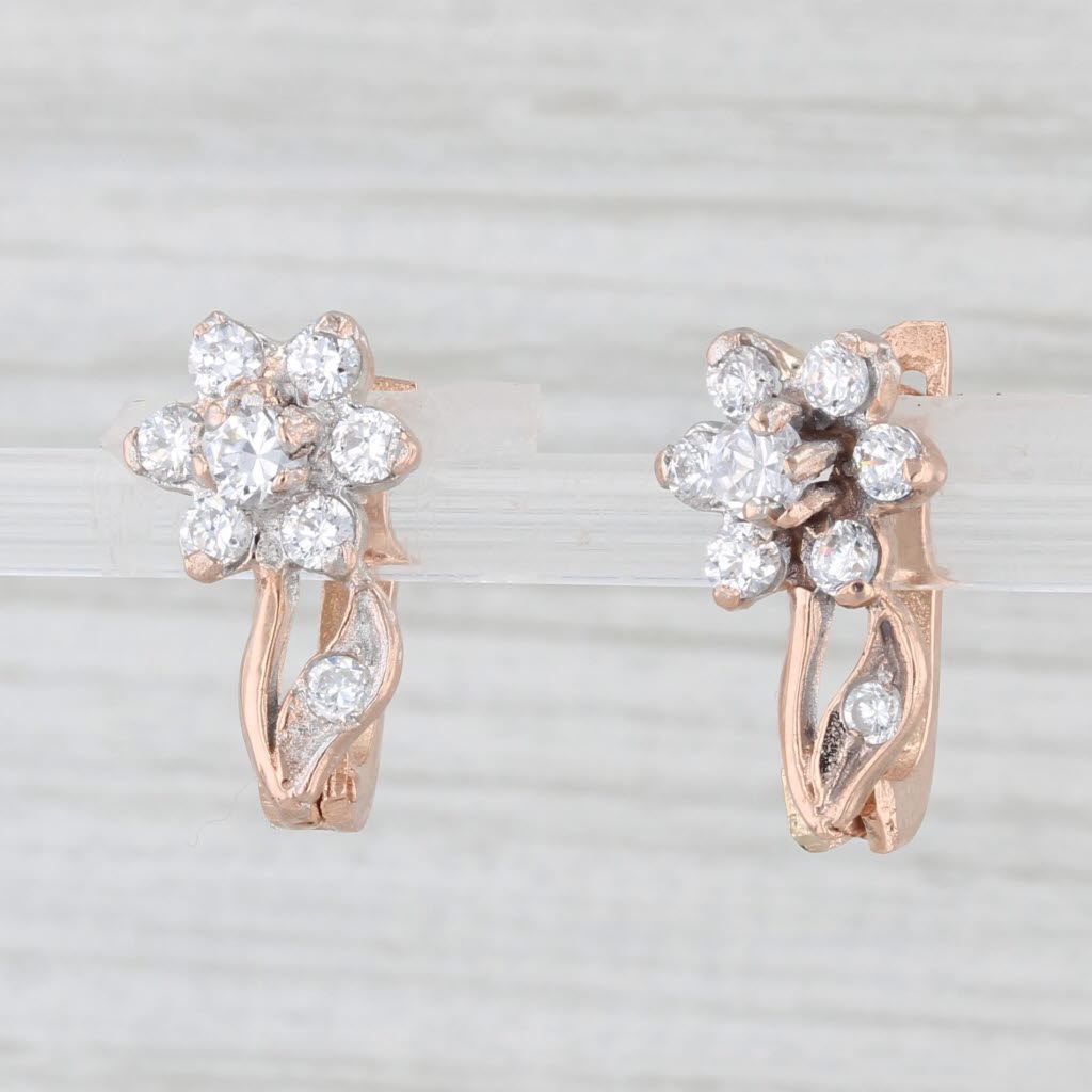 Light Gray Cubic Zirconia Flower Drop Earrings 14k Rose Gold Lever Backs