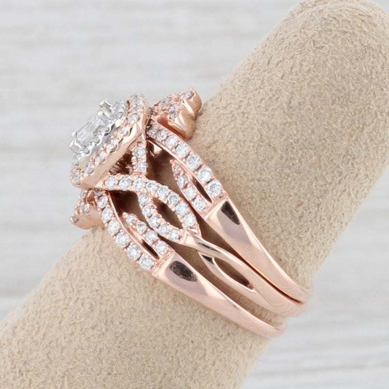 0.86ctw Princess Diamond Halo Engagement Ring 2 Bands Bridal Set 14k Rose Gold