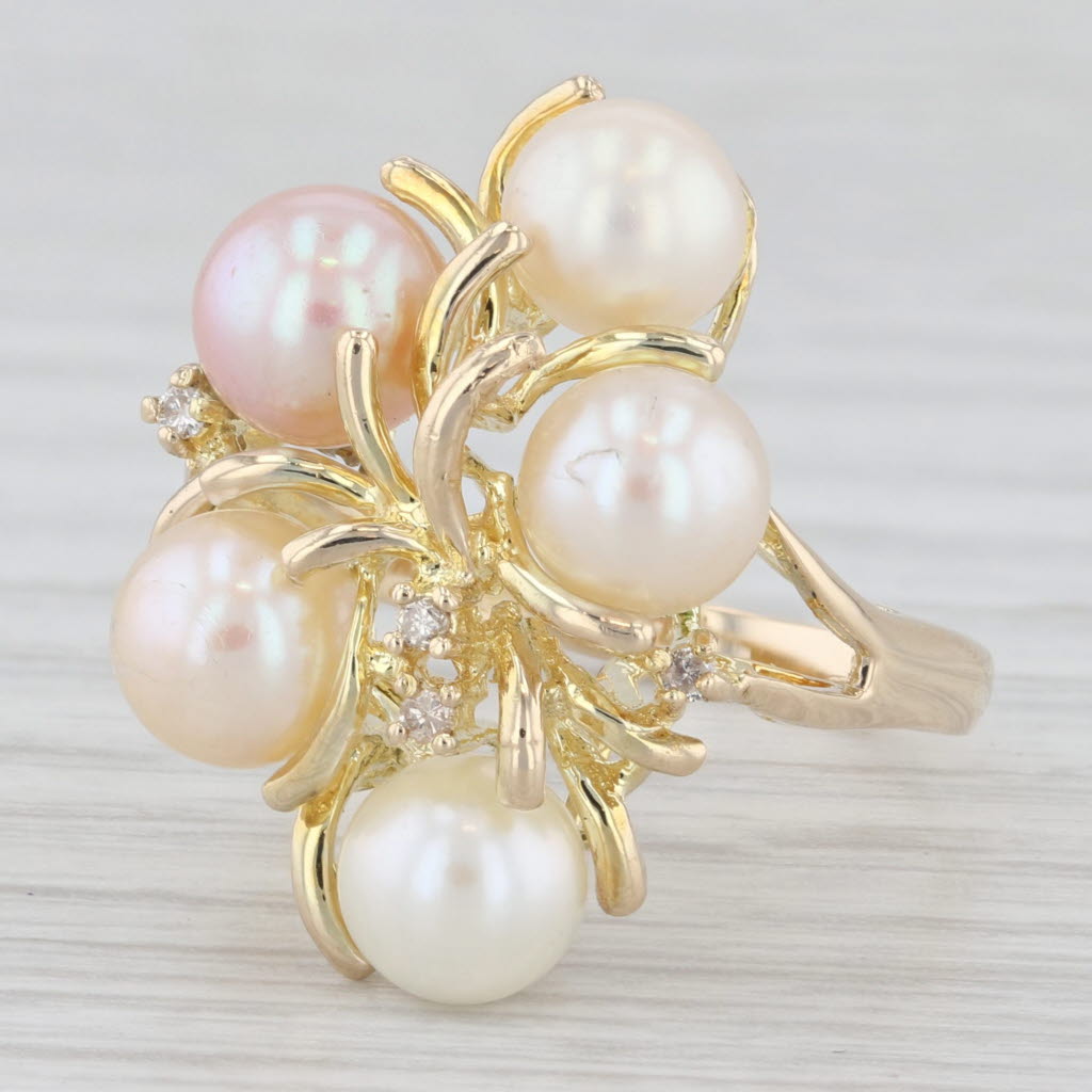 Light Gray Pink White Cultured Pearl Cluster Diamond Ring 14k Yellow Gold Size 7.5