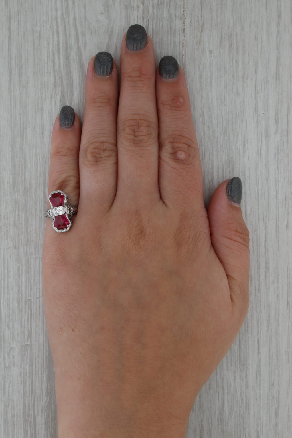 Art Deco Lab Created Ruby Filigree Ring 14k White Gold Size 5