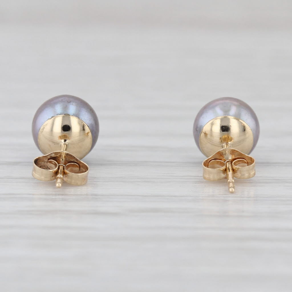 6.2-6.3mm Black Cultured Pearl Stud Earrings 14k Yellow Gold Bead Studs