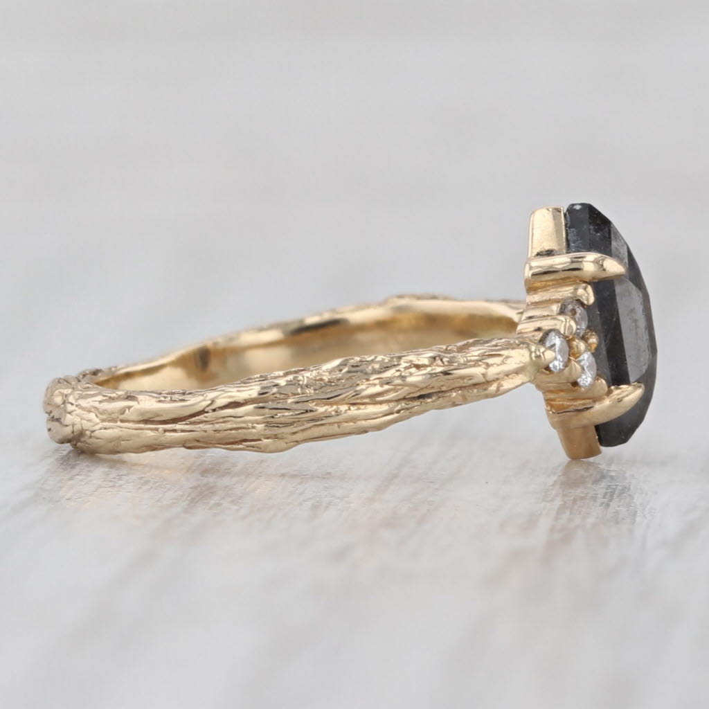 Custom Made Salt & Pepper Diamond Ring 14k Yellow Gold Size 6.5 Woodgrain Band