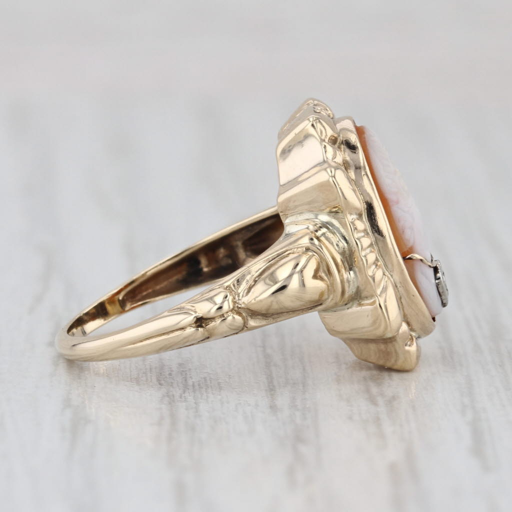 Vintage Shell Carved Cameo Ring 10k Yellow Gold Diamond Accent Size 6