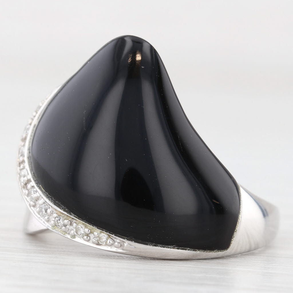 Light Gray Baroque Devitrified Black Glass Diamond Ring 14k White Gold Size 8.25 Statement