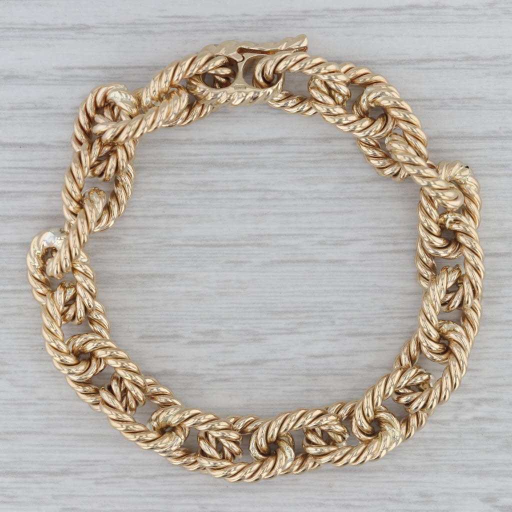 Gray 7.5" Rope Link Cable Chain Bracelet 14k Yellow Gold 11.5mm