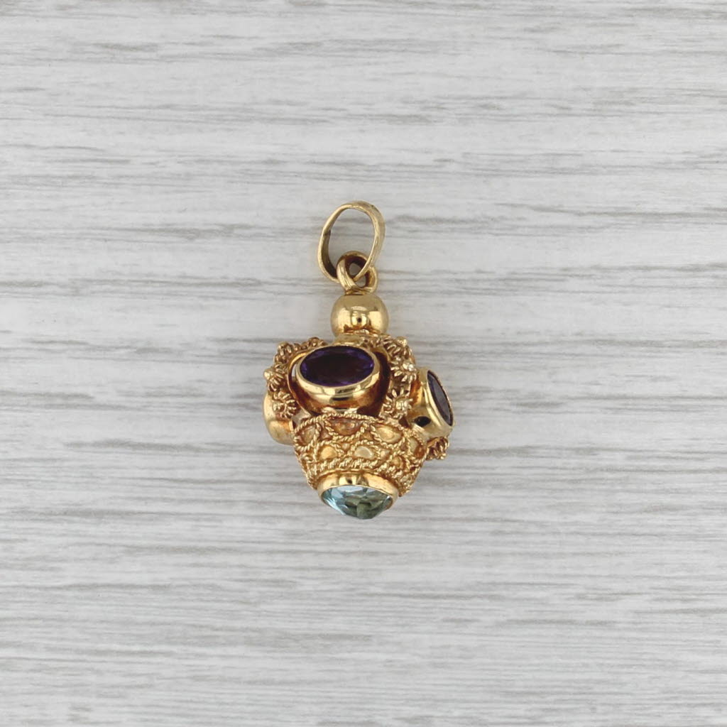 Etruscan Style 5.70ctw Topaz Amethyst Charm Pendant Fob 18k Gold Statement