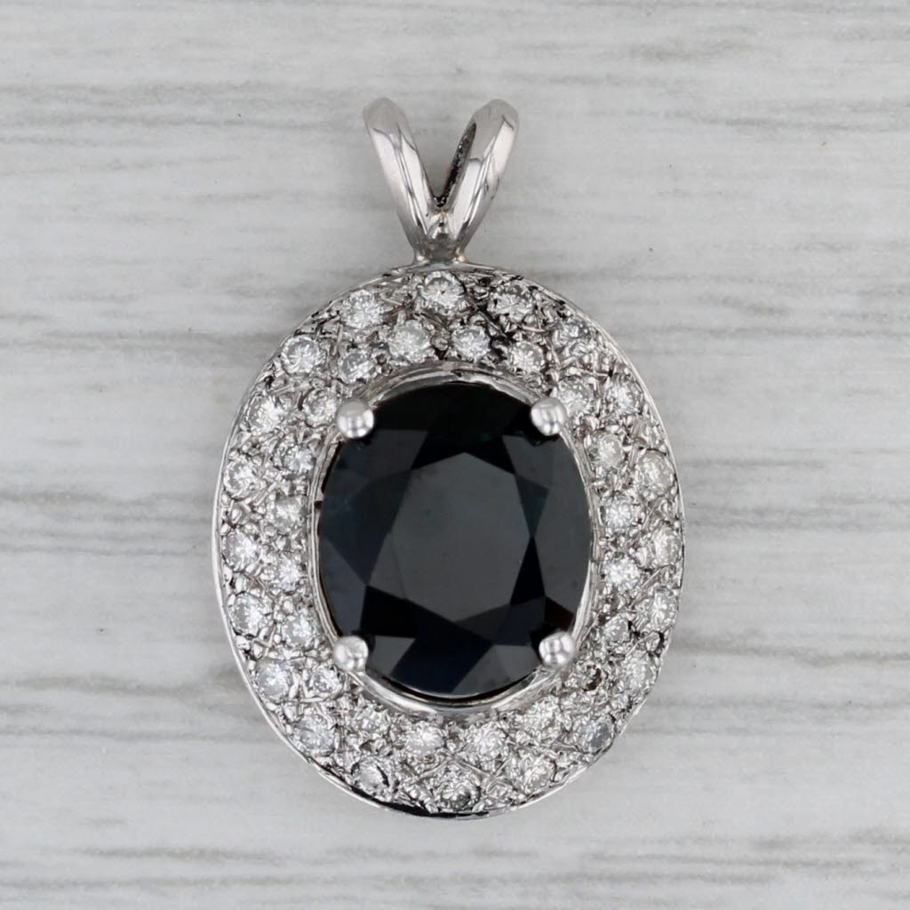 Gray 3.88ctw Oval Blue Sapphire Diamond Halo Pendant 14k White Gold