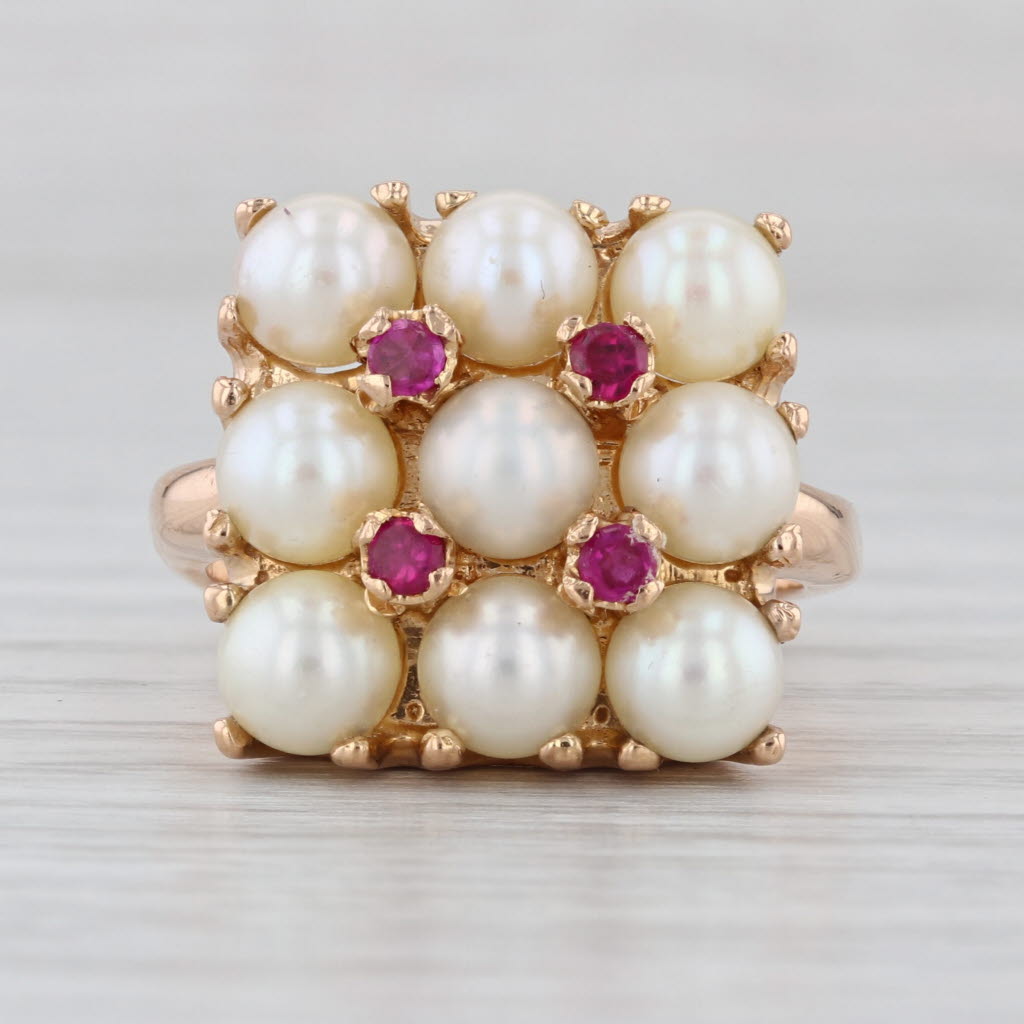 Cultured Pearl Lab Created Ruby Cluster Ring 18k Rose Gold Size 8.75 Cluster