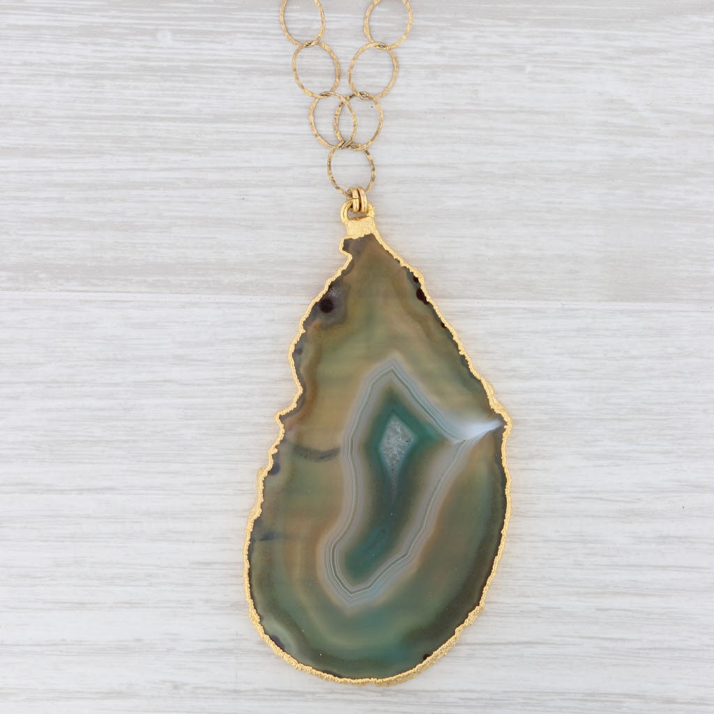 New Nina Wynn Agate Slice Statement Pendant Necklace Sterling Gold Vermeil 27"