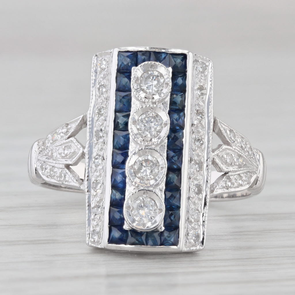 Light Gray 0.95ctw Blue Sapphire Diamond Ring 14k White Gold Size 7.5 Vintage Cocktail