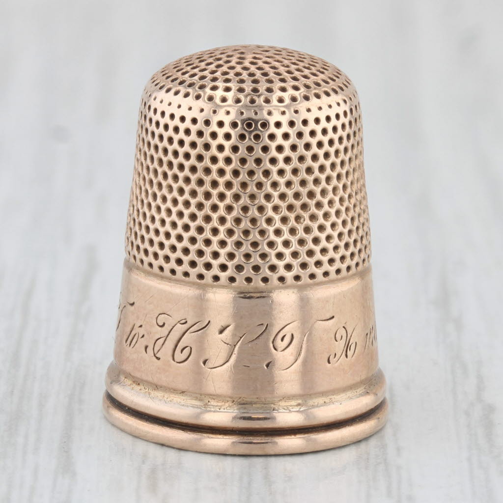 Light Gray Antique Engraved Thimble 10k Yellow Gold Sewing Keepsake Collectible Size 10