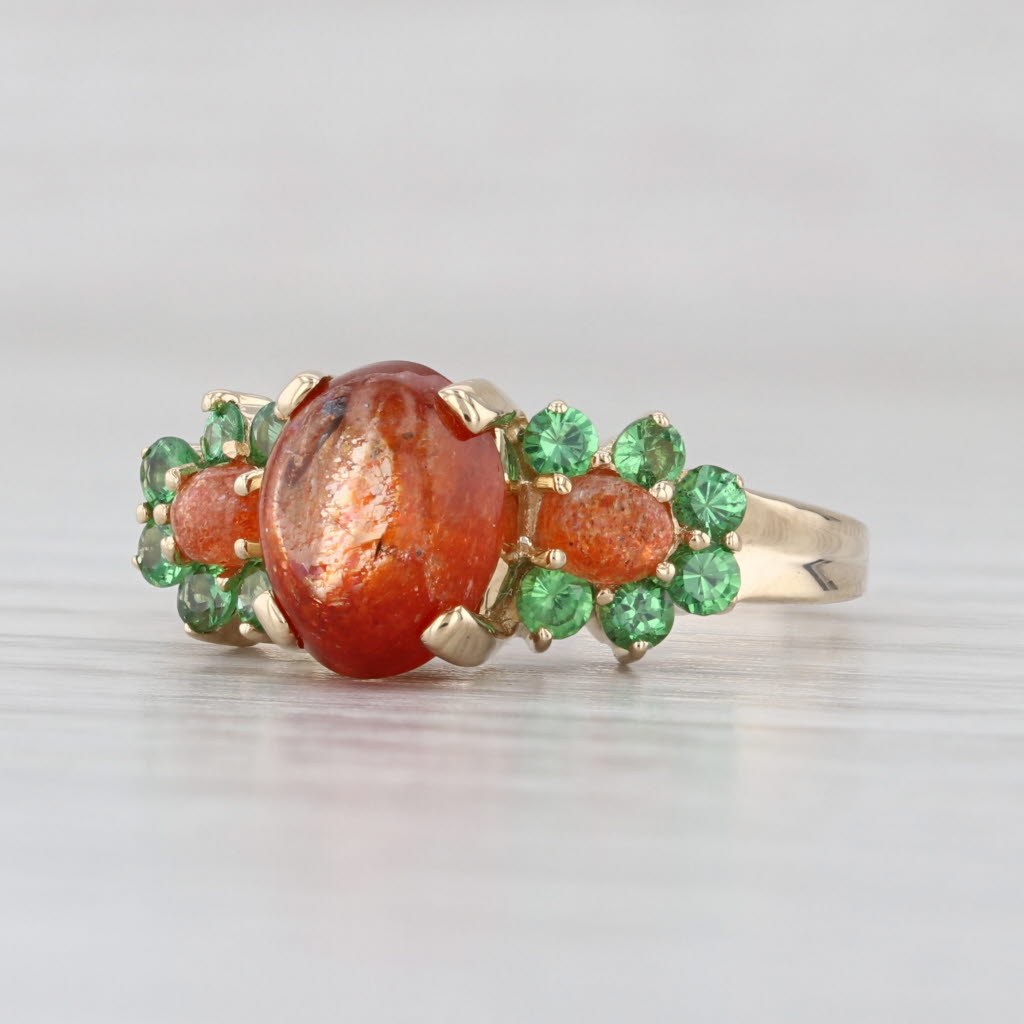 Aventurine Feldspare Tsavorite Ring 14k Yellow Gold Oval Cabochons Size 7.75