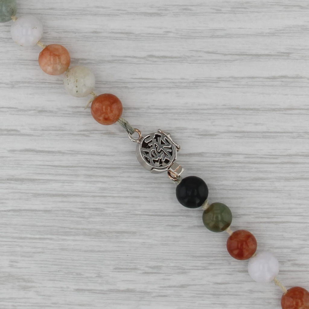 Chinese Jadeite Jade Ornamental Stone Bead Strand Necklace Sterling Silver 25.5"