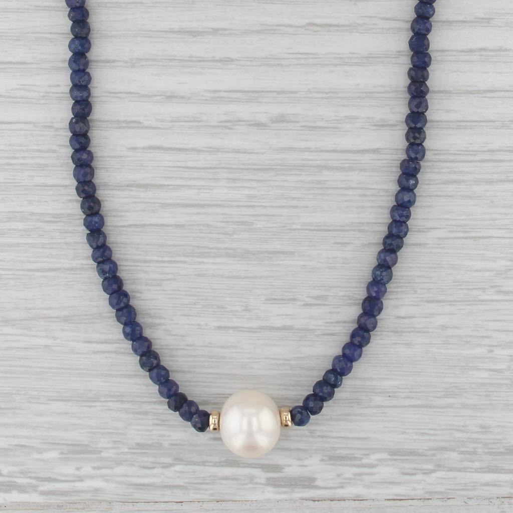 Cultured Pearl Sapphire Bead Strand Necklace 14k Yellow Gold 18"
