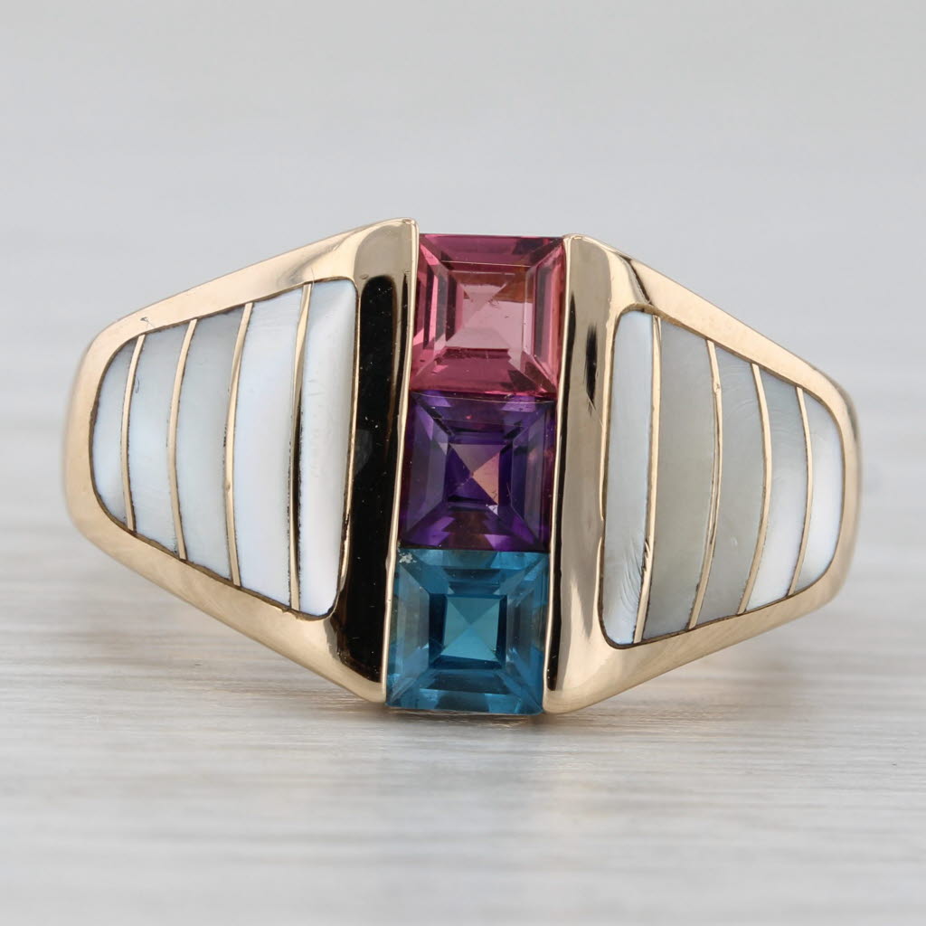 Gray Kabana Mother of Pearl Topaz Amethyst Tourmaline 14k Yellow Gold Size 6.25