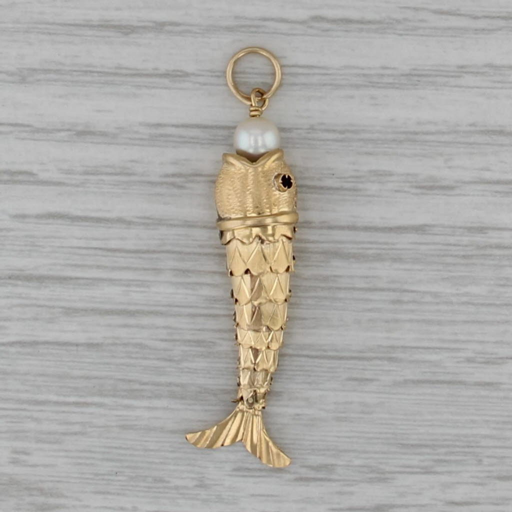 Vintage Cultured Pearl Glass Articulating Fish Pendant 14k Yellow Gold Charm