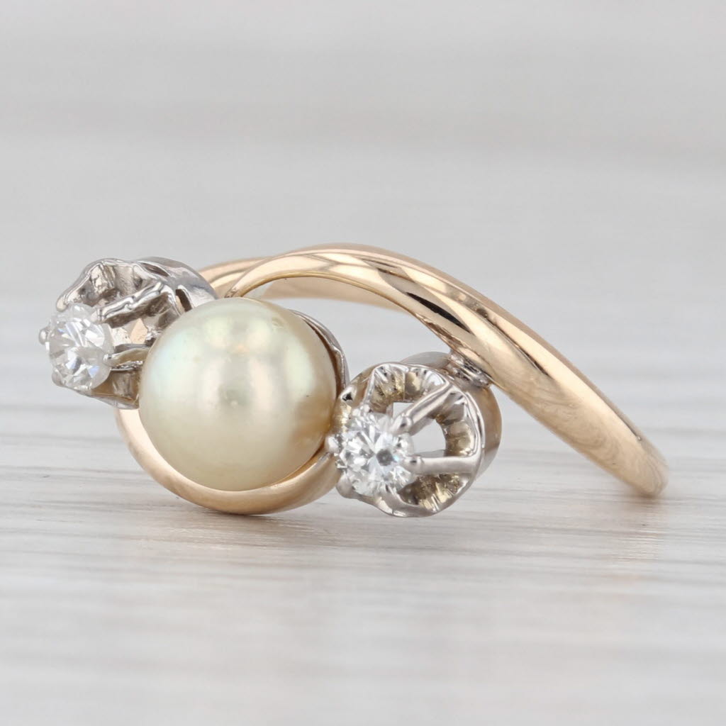 Light Gray Vintage Cultured Pearl Diamond Bypass Ring 10k-12k Yellow Gold Size 4.5