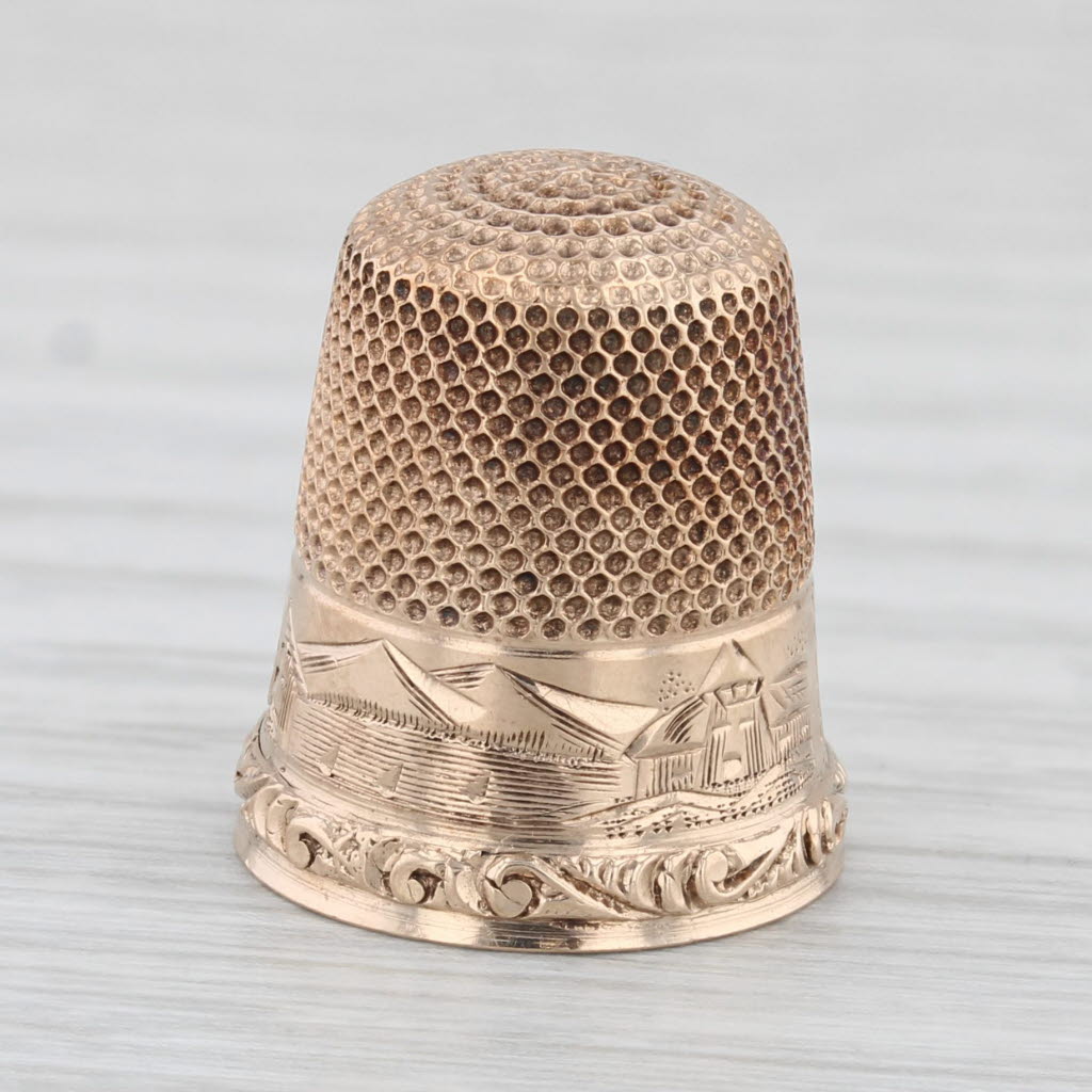 Light Gray Antique Thimble Size 6 10 Yellow Gold Mountain Village Scene Sewing Collectible