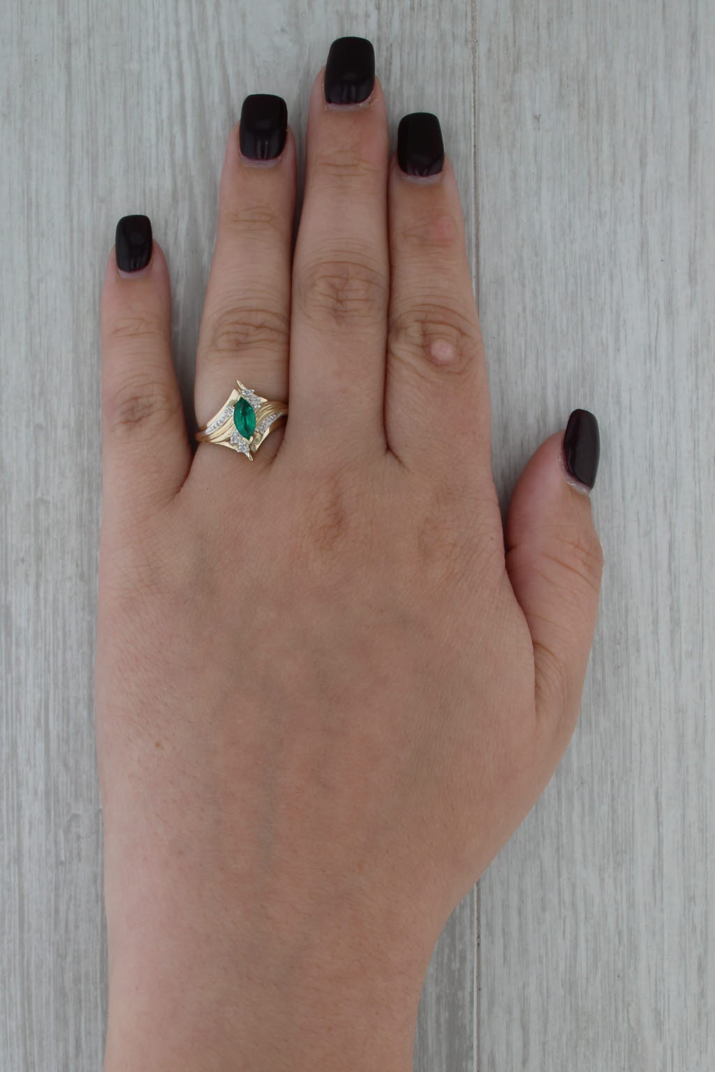 0.58ctw Marquise Lab Created Emerald Diamond Bypass Ring 10k Yellow Gold Sz 6.5