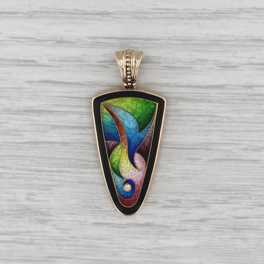 Magik Fusager Colorful Mosaic Cloisonne Pendant 14k Gold Diamond Accent