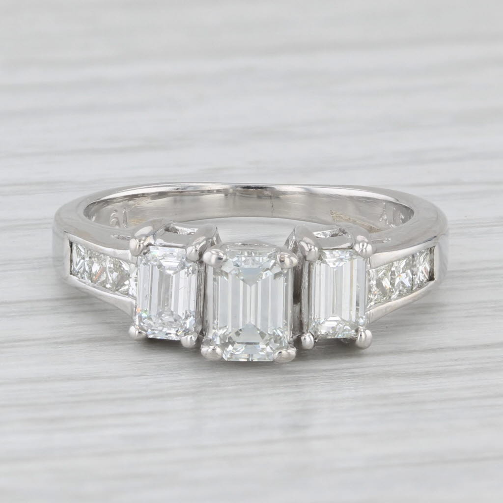 Light Gray 1.24ctw 3-Stone Emerald Cut Engagement Ring 14k White Gold Size 6.25