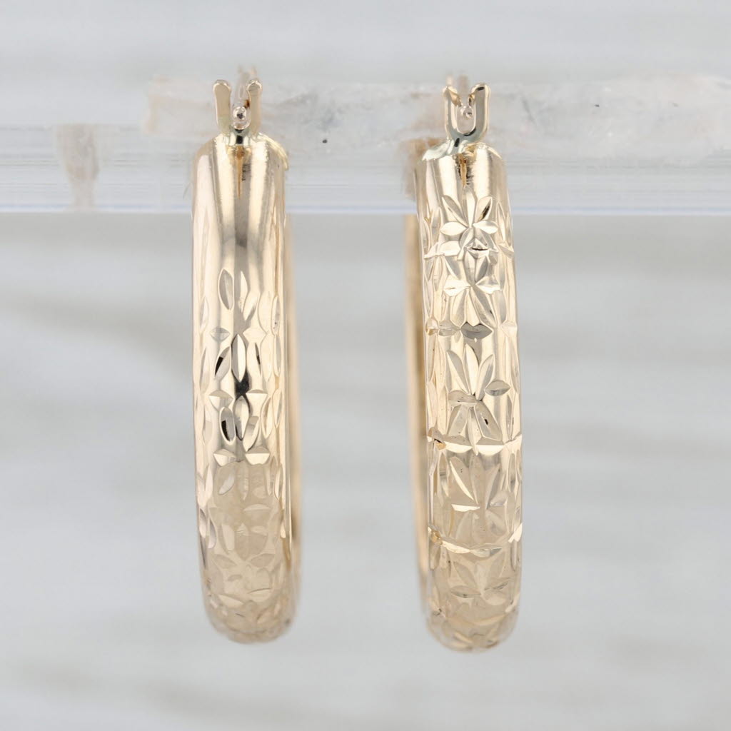 Etched Hoop Earrings 14k Yellow Gold Snap Top Round Hoops