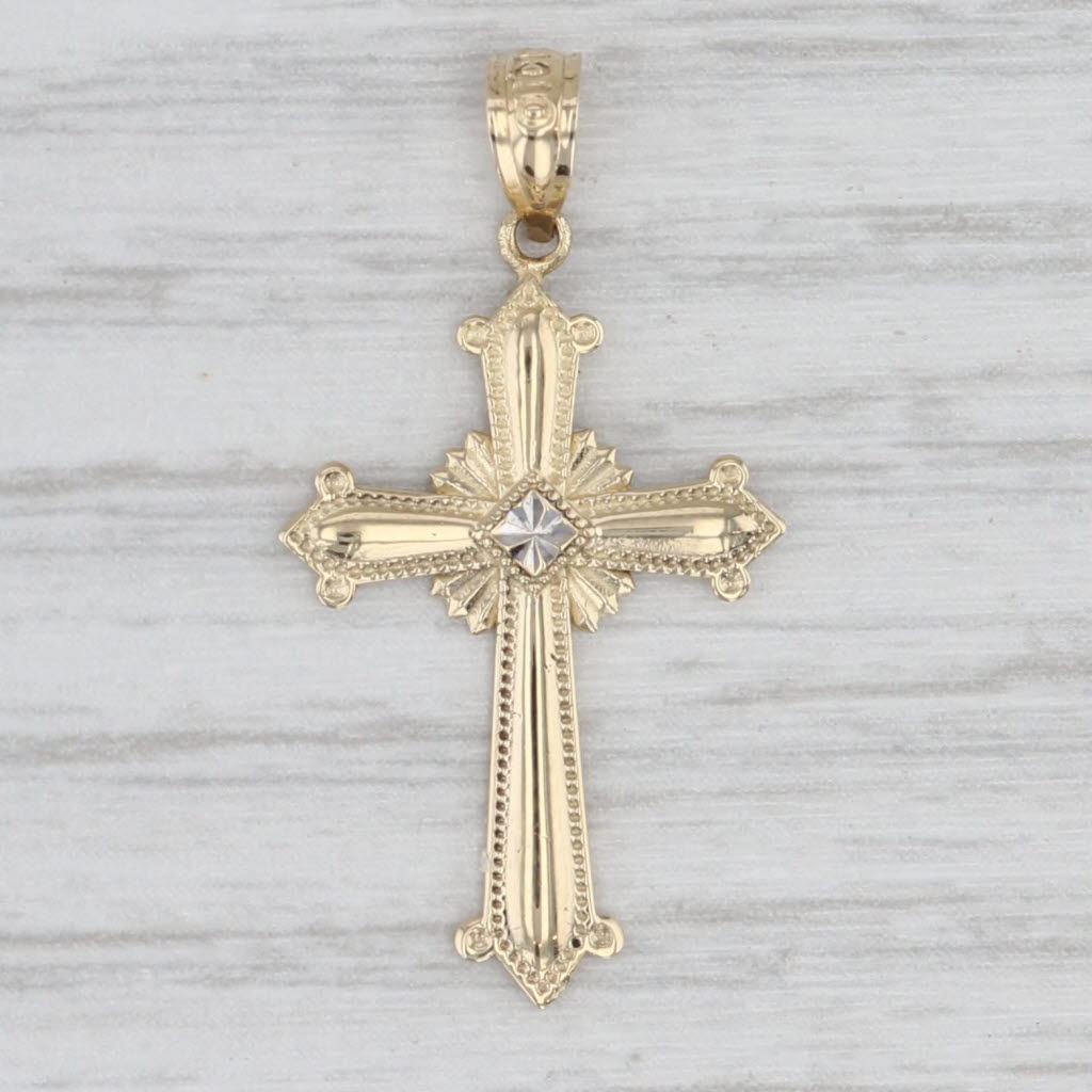 Light Gray Rayed Cross Pendant 14k Yellow Gold White Gold Accent Religious Jewelry