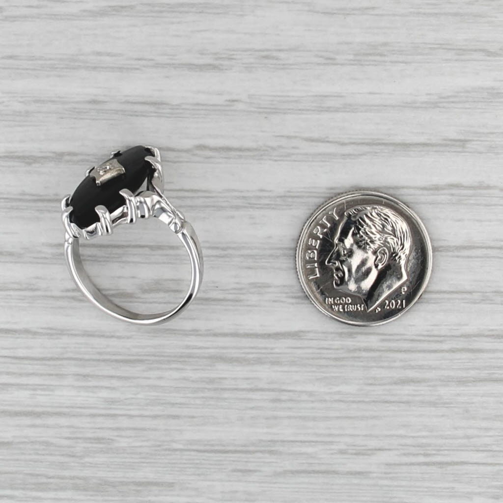 Marquise Onyx Signet Ring 10k White Gold Size 5.5 Diamond Accent