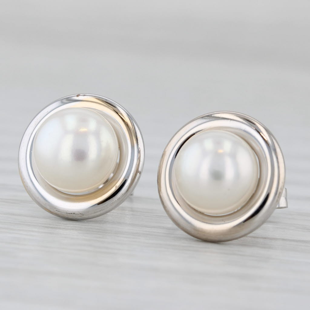 Light Gray Cultured Pearl Solitaire Stud Earrings 14k White Gold