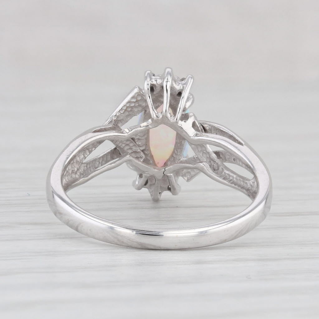 Light Gray Lab Created Opal Diamond Bypass Ring 10k White Gold Size 6.5 Marquise Cabochon