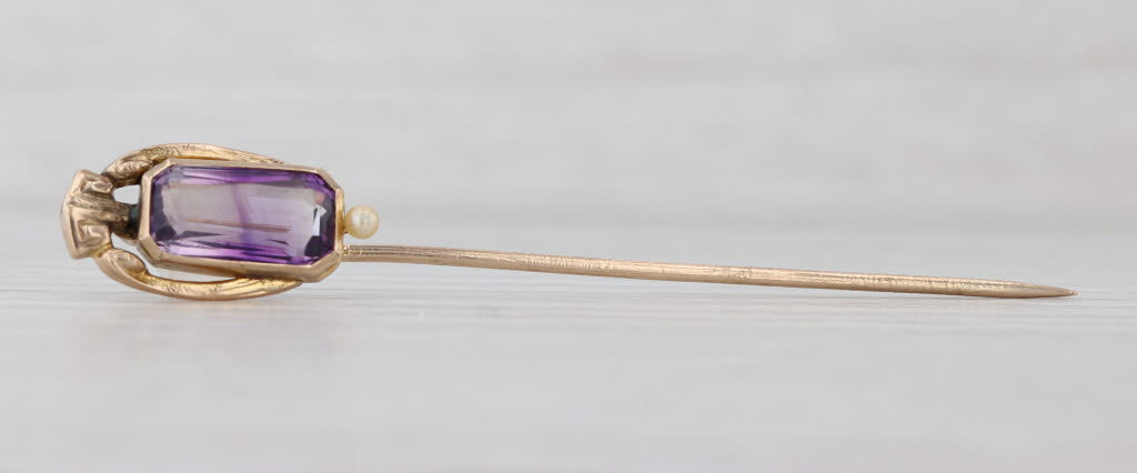 Vintage Amethyst Seed Pearl Stickpin 10k Yellow Gold